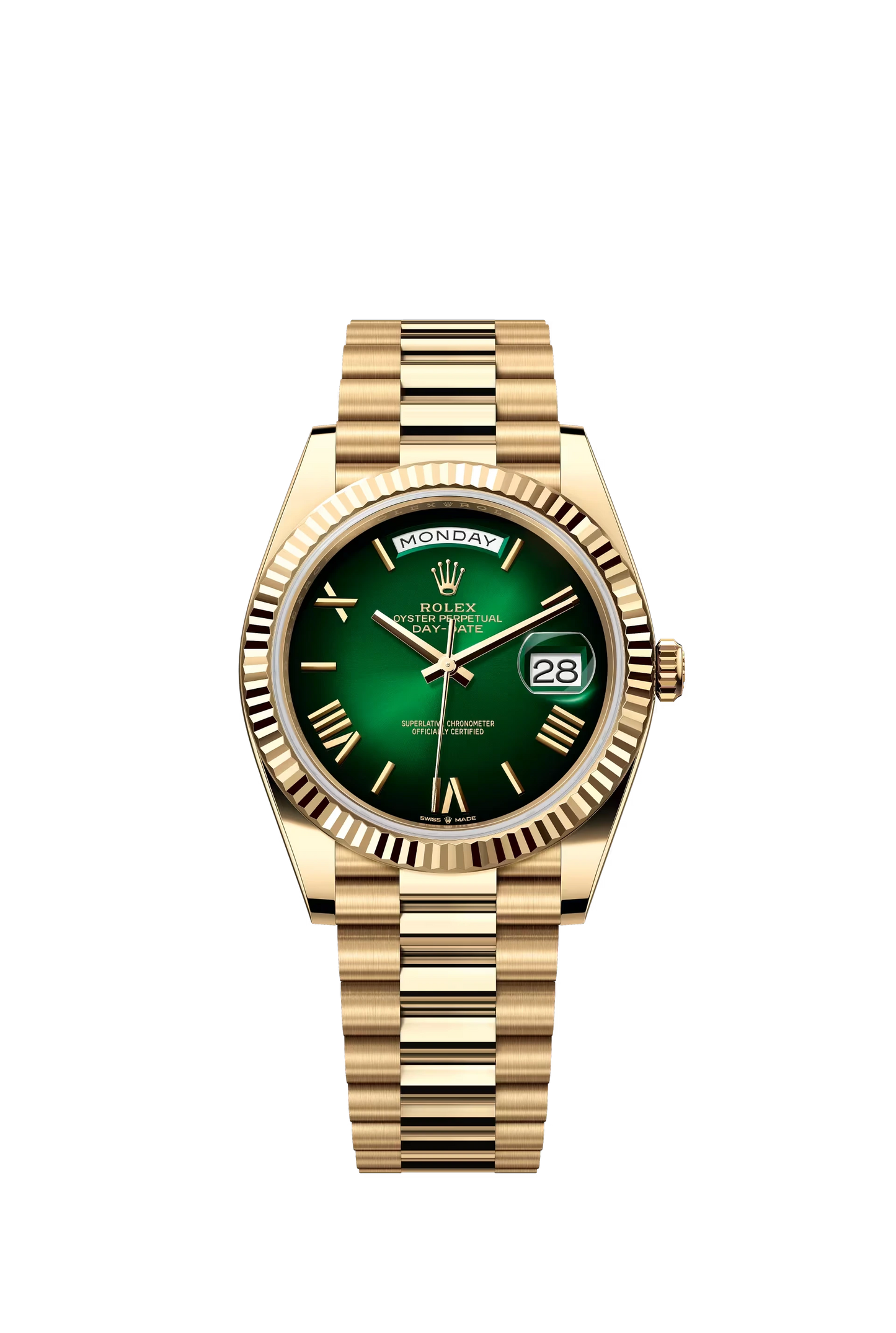Rolex Day Date 40 Yellow Gold Green Ombre Dial Roman Markers President Bracelet Ref. 228238