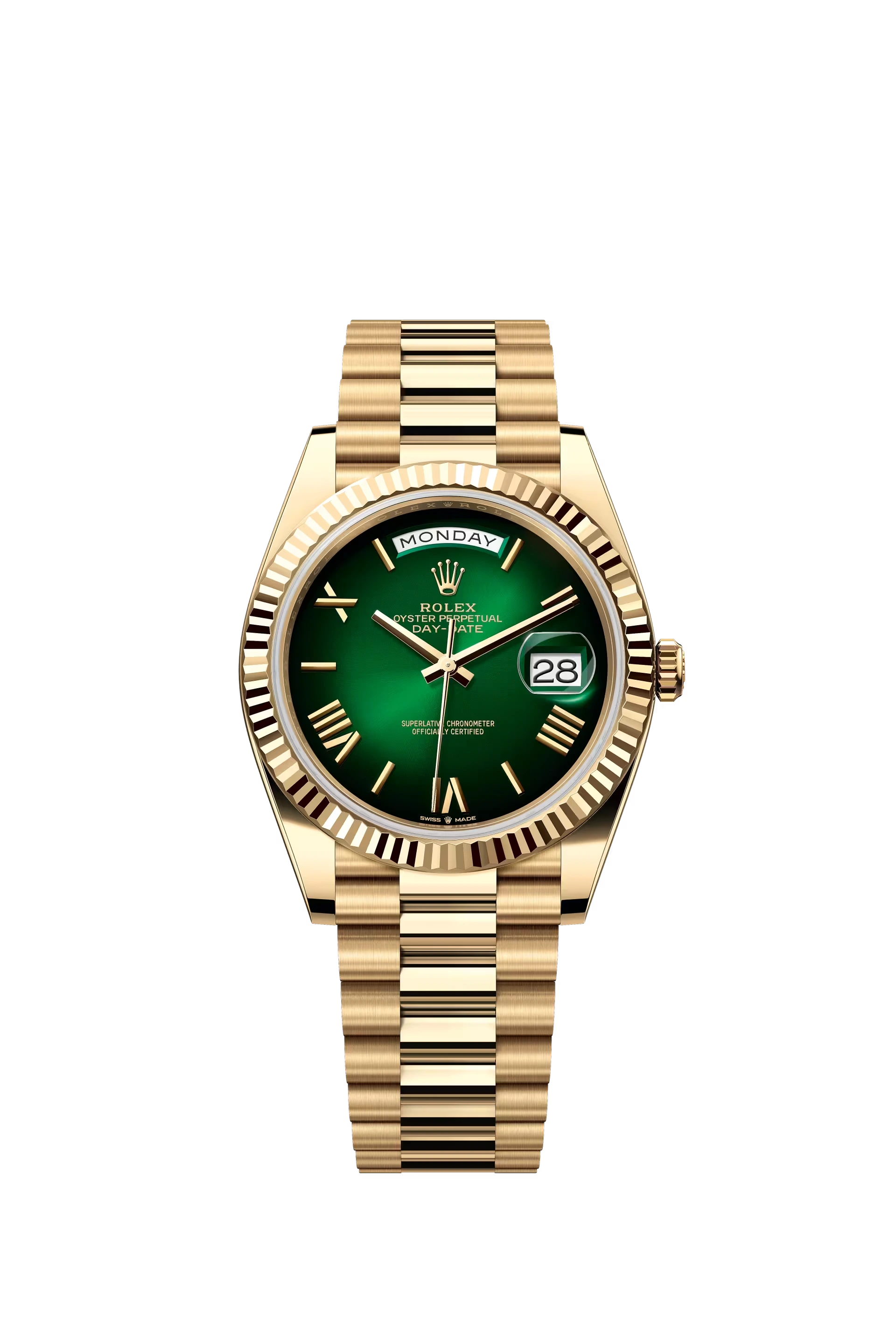 Rolex Day Date 40 Yellow Gold Green Ombre Dial Roman Markers President Bracelet Ref. 228238