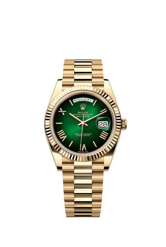 Rolex Day Date 40 Yellow Gold Green Ombre Dial Roman Markers President Bracelet Ref. 228238