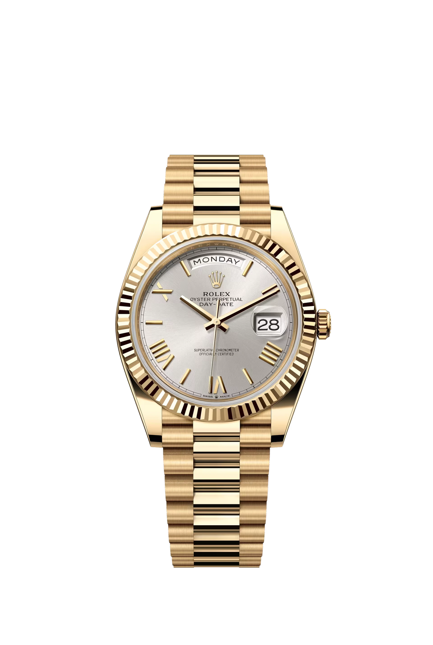 Rolex Day Date 40 Yellow Gold Silver Dial Roman Markers President Bracelet Ref. 228238