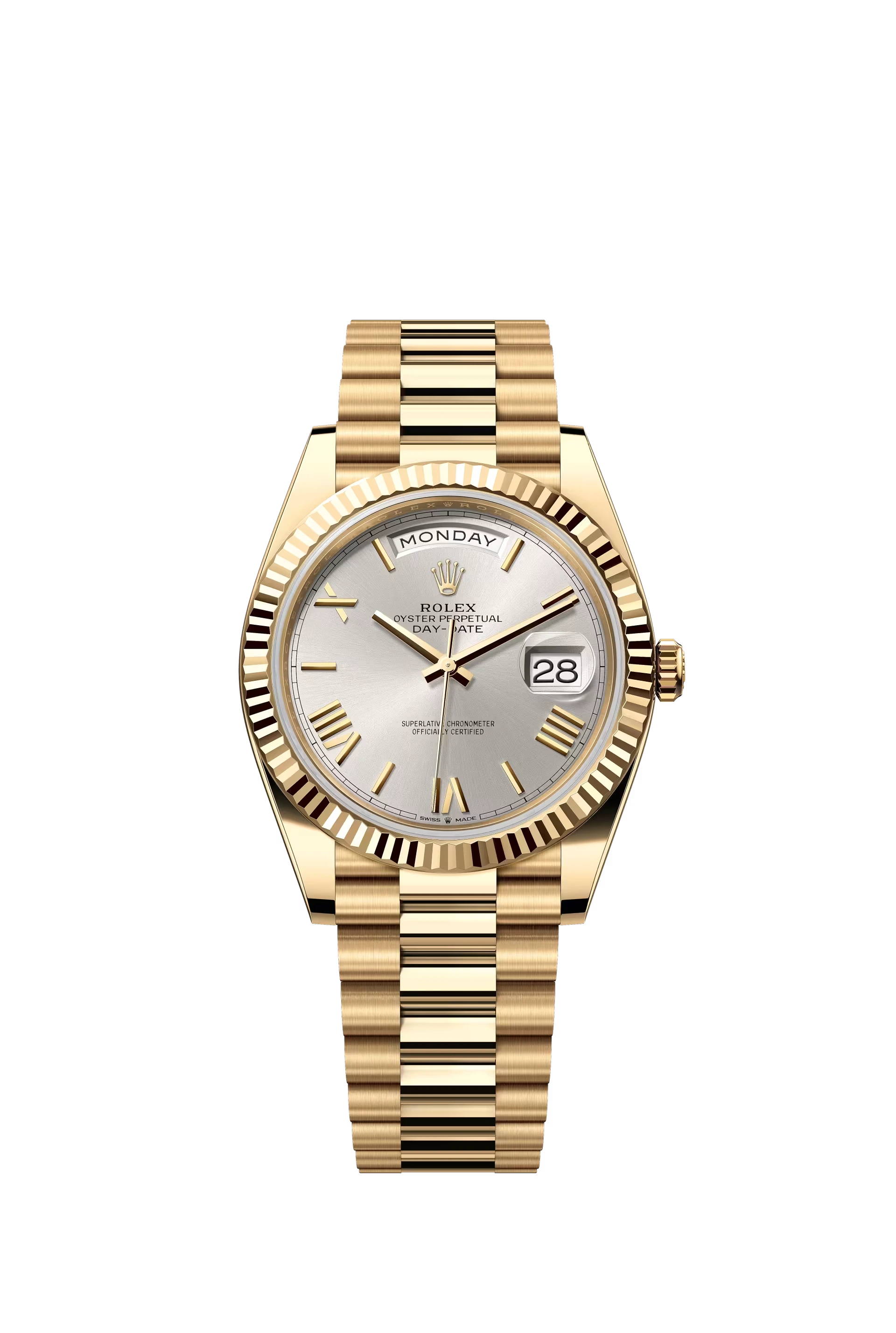 Rolex Day Date 40 Yellow Gold Silver Dial Roman Markers President Bracelet Ref. 228238