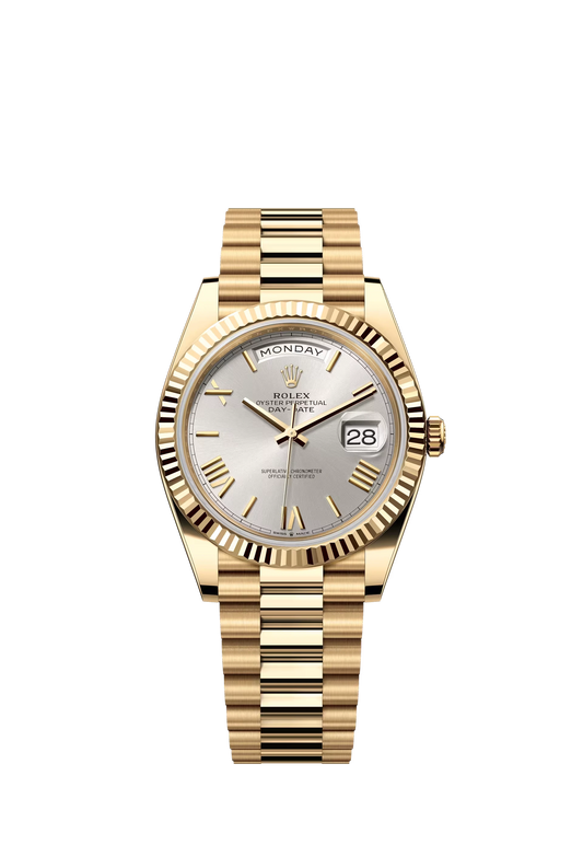 Rolex Day Date 40 Yellow Gold Silver Dial Roman Markers President Bracelet Ref. 228238