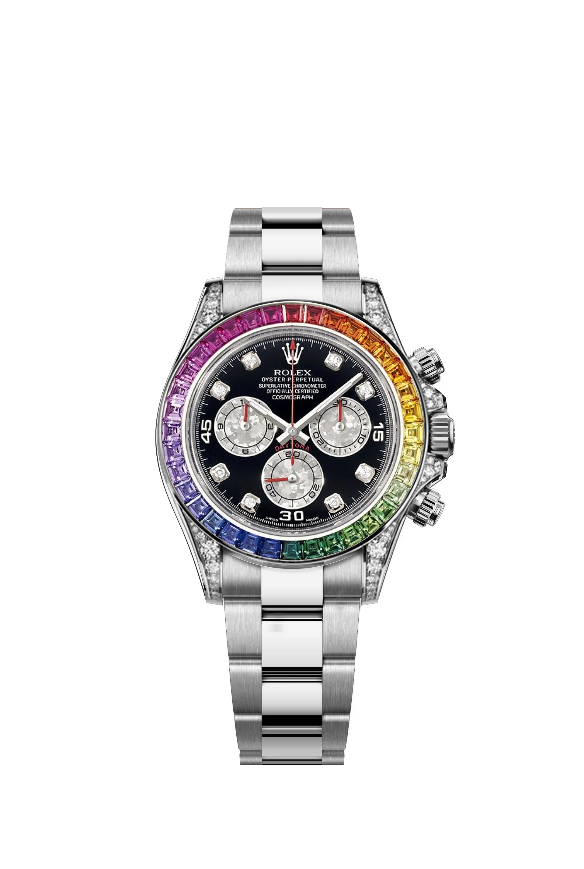 olex Daytona 116520 Rainbow with black dial and colorful gemstone bezel