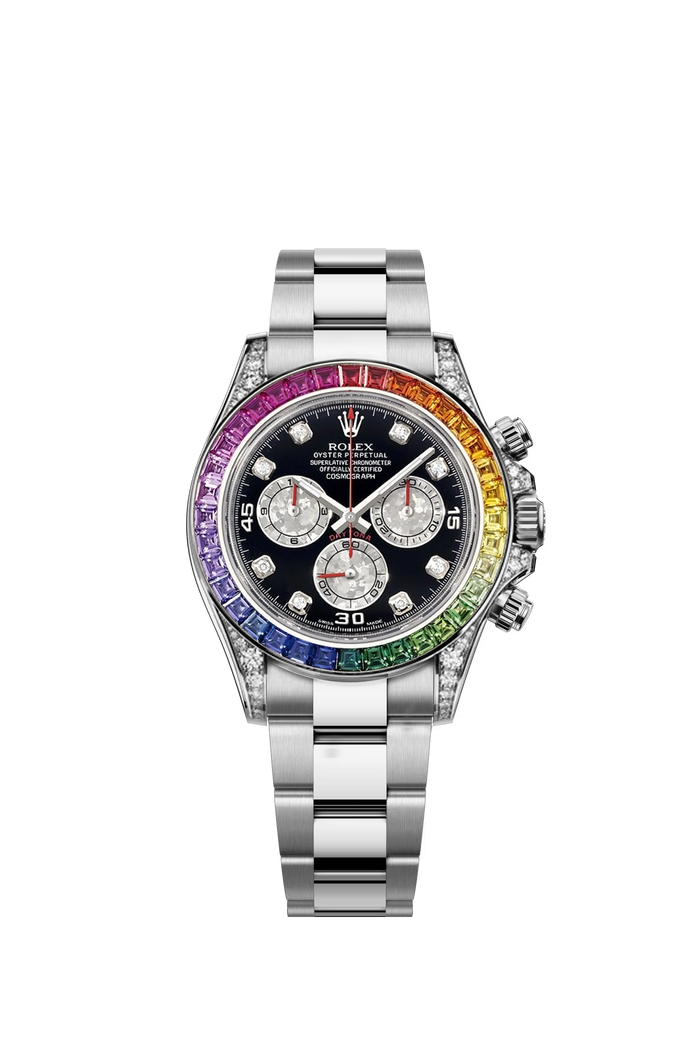 olex Daytona 116520 Rainbow with black dial and colorful gemstone bezel
