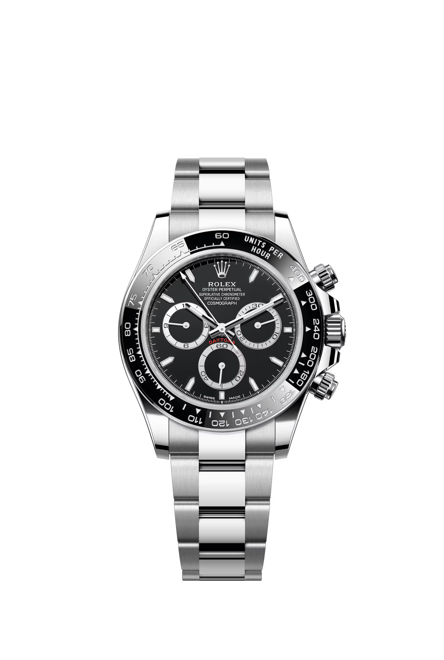 Rolex Cosmograph Daytona ref 126500LN with black dial, steel case, and black ceramic bezel