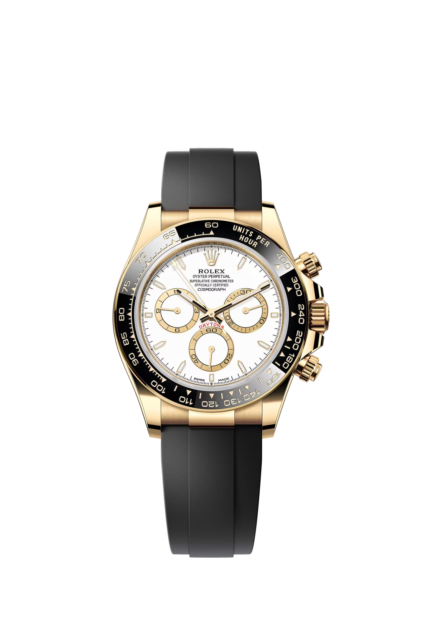 Rolex Cosmograph Daytona ref 126518LN in yellow gold with white dial and Oysterflex bracelet
